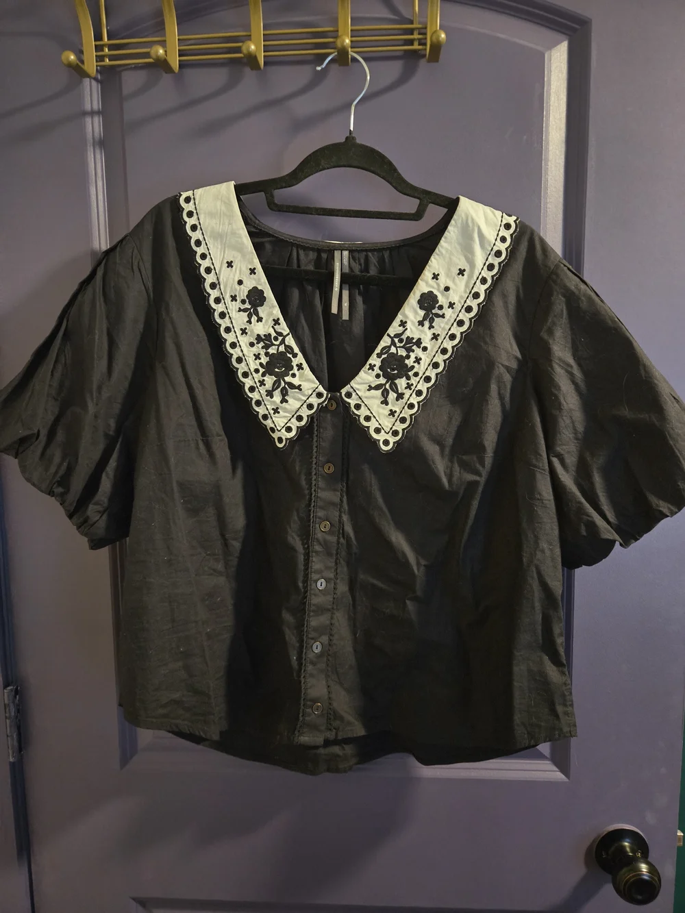 Anthropologie Black Button-Front Blouse with Embroidered White Collar - Picture 2 of 6